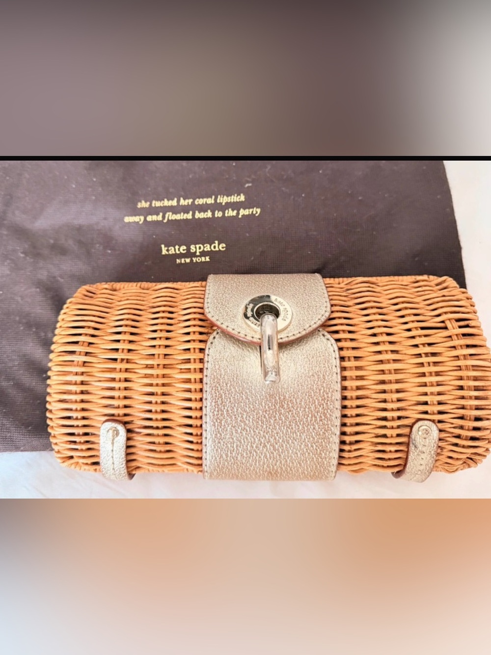 kate spade vintage Metallic Gold and Natural Wicker Clutch with dust bag